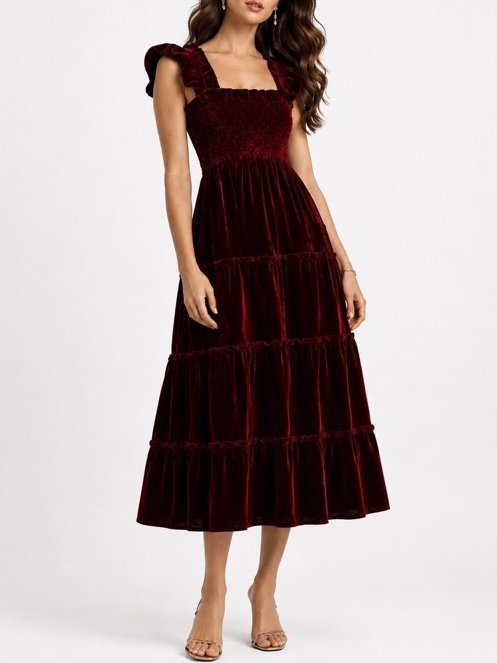 O.P.T Velvet Smocked Flutter Sleeves Maxi Dress Tiered One Pretty Time XL NEW